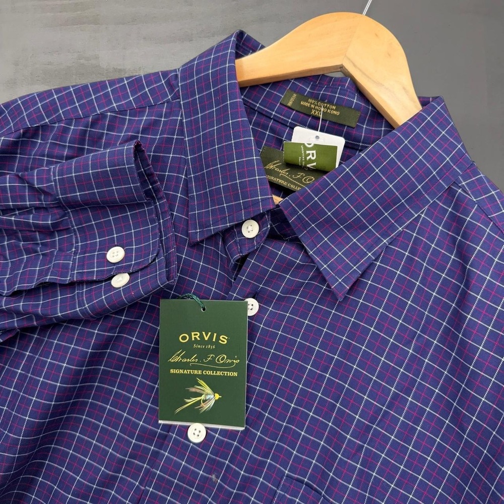 NEW‎ Orvis Button Down Shirt Purple Plaid Wrinkle Free Twill XXL
